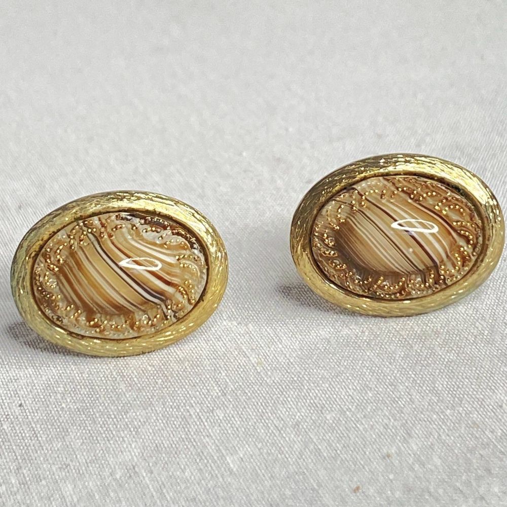 💎Unsigned Swank Oval Marble Lucite Cufflinks Gold Tone Vintage Men’s